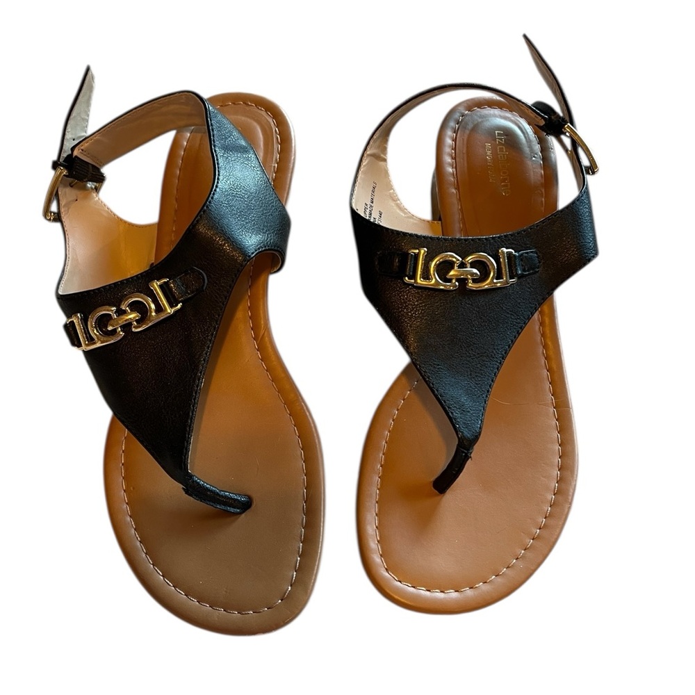 Liz Claiborne Black Thong Sandals with Gold Accents - Women’s 9 - Worn 3 Times